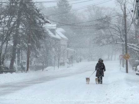 A person walks a dog as snow falls in Portsmouth, New Hampshire, Sunday.