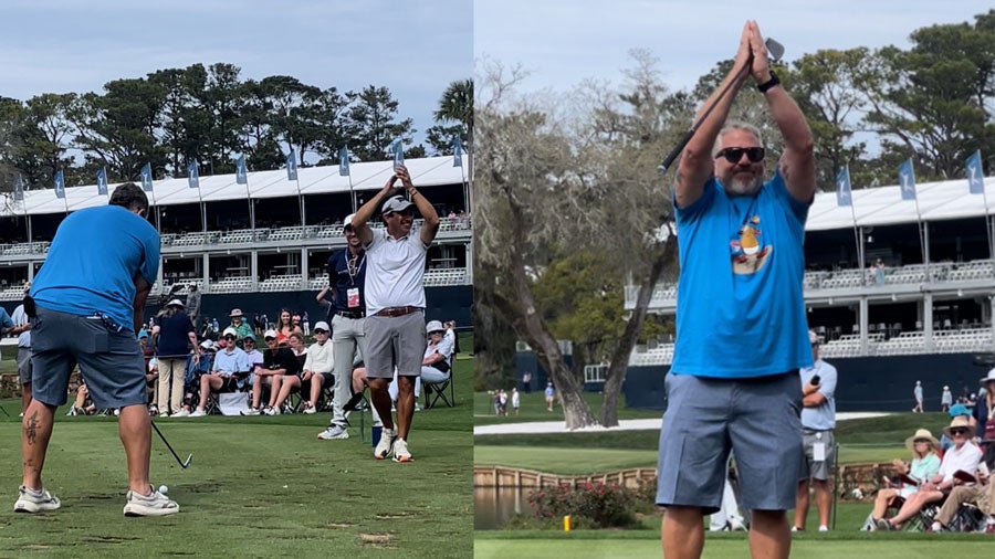 A man hits his tee shot on 17 and then celebrates with the crowd.