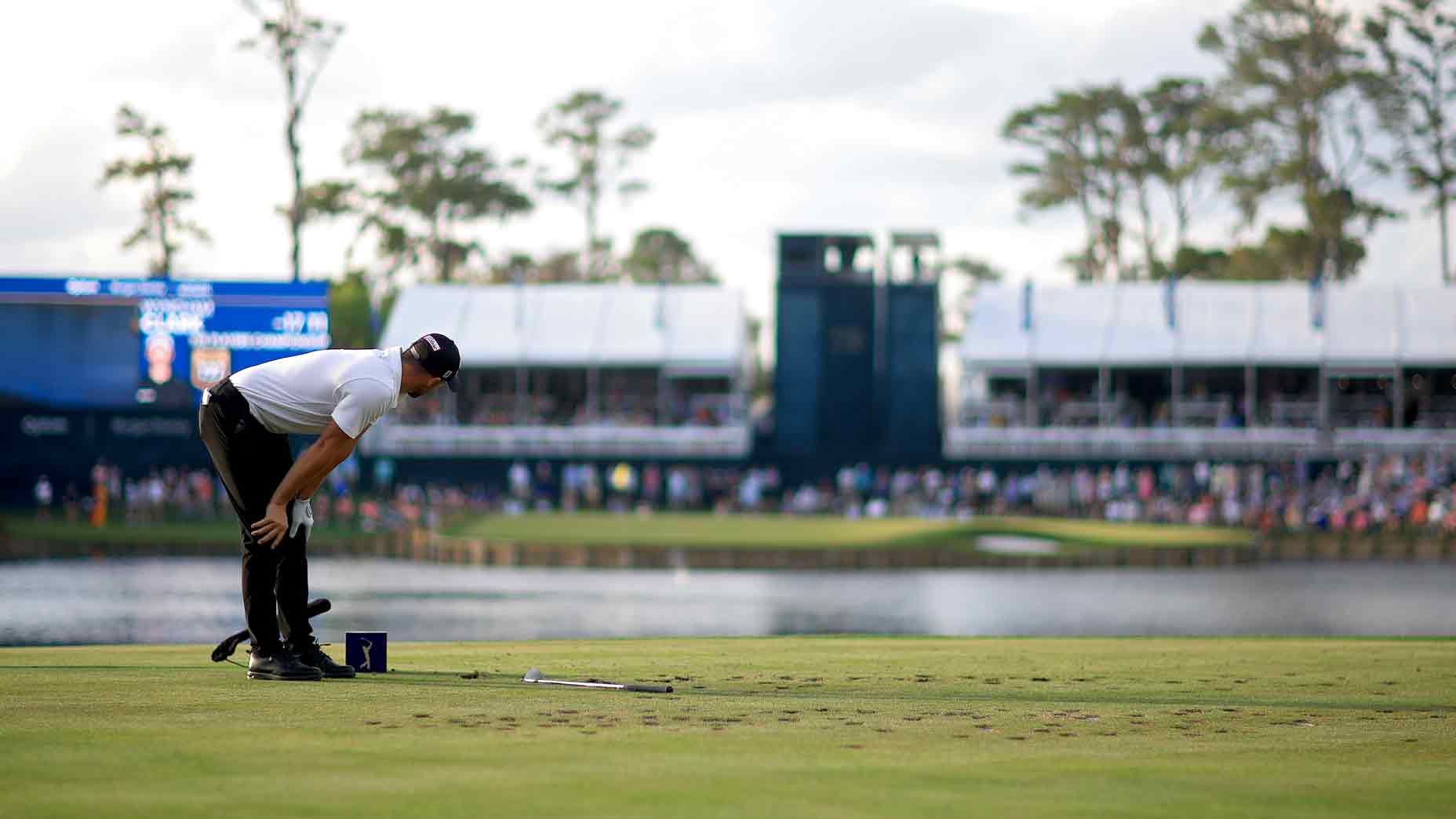 Wyndham Clark of the United States reacts on the 17th tee during the third round of THE PLAYERS Championship at TPC Sawgrass on March 16, 2024 in Ponte Vedra Beach, Florida.