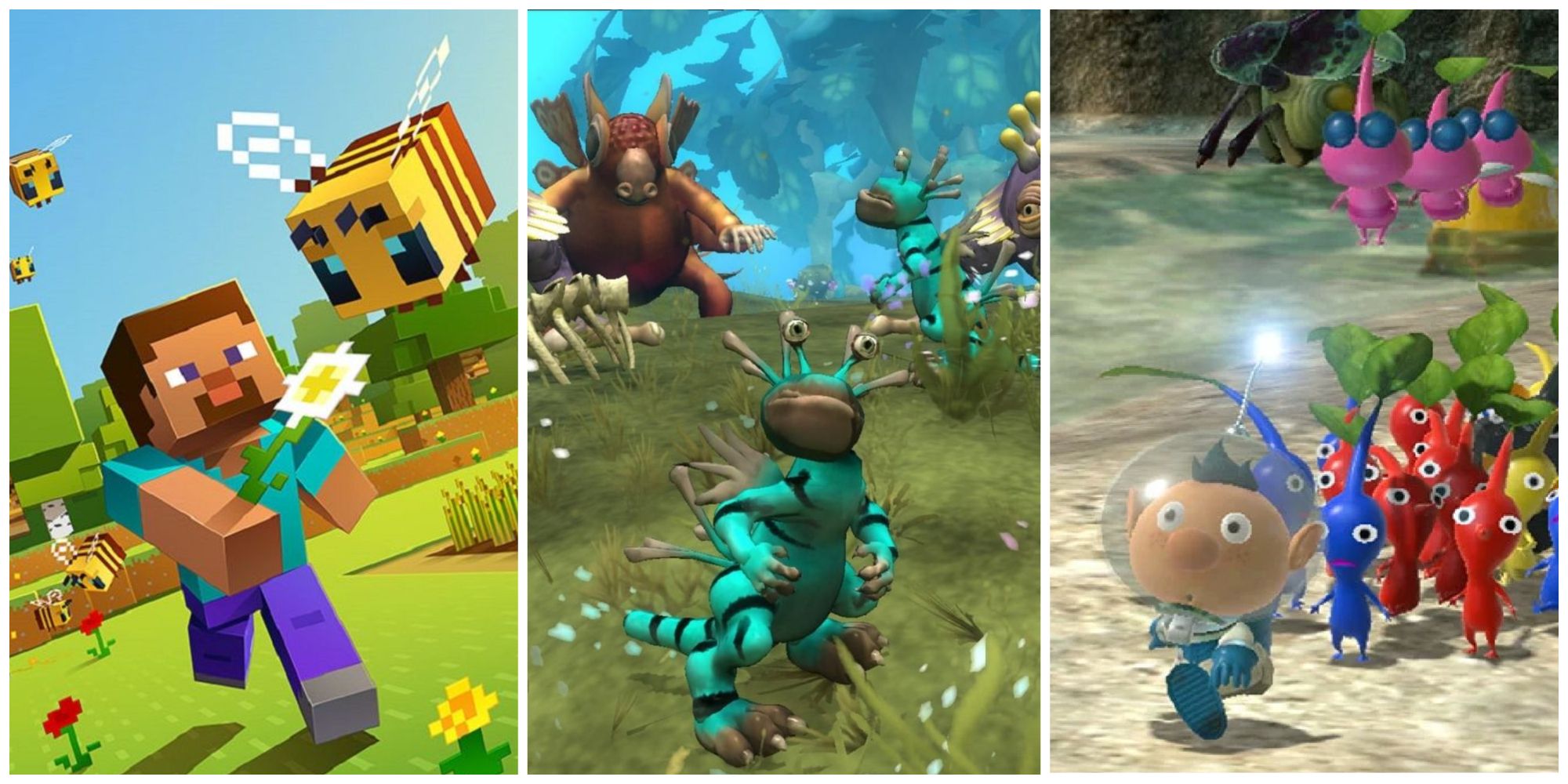 Left: Minecraft's Steve chasing a bee. Center: A blue bipedal creature from Spore in front of two other creatures in a grassy field. Right: A man in an astronaut suit leading colorful creatures with leaves on their heads.
