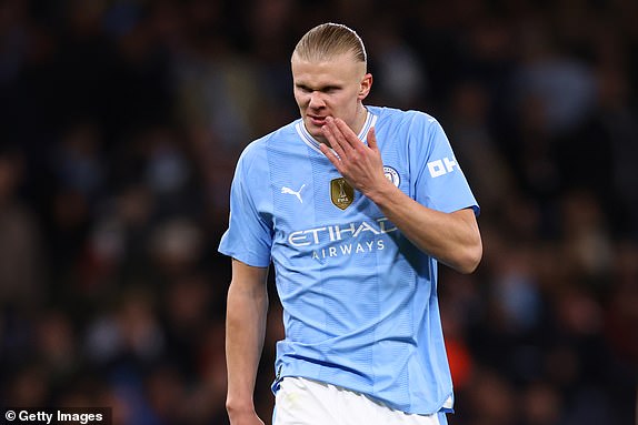 MANCHESTER, ENGLAND - APRIL 17: Erling Haaland of Manchester City looks dejected during the UEFA Champions League quarter-final second leg match between Manchester City and Real Madrid CF at Etihad Stadium on April 17, 2024 in Manchester, England. (Photo by Marc Atkins/Getty Images) (Photo by Marc Atkins/Getty Images)
