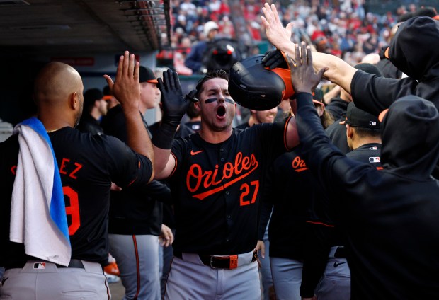 James McCann #27 of the Baltimore Orioles celebrates in the...