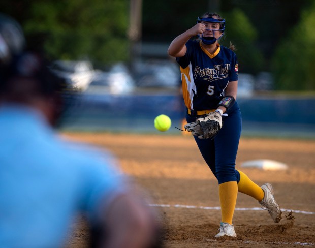 Perry Hall pitcher Jenna Neff pitches against Eleanor Roosevelt in...