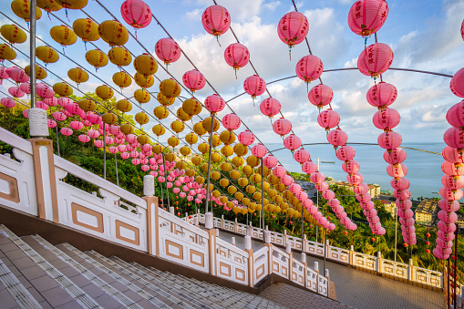Temple Steps Decorated with Vibrant Lanterns