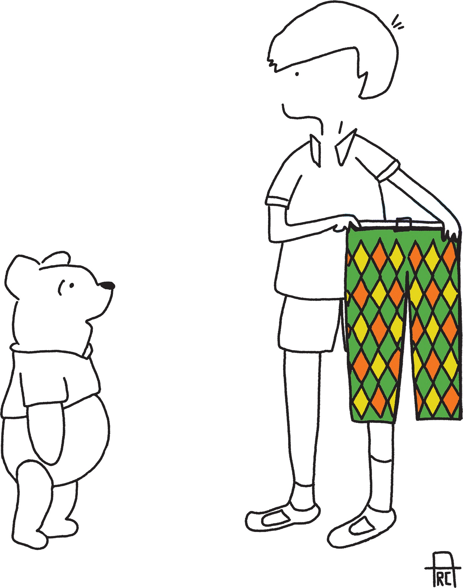 Christopher Robin offers Winnie the Pooh colorful argyle pants.