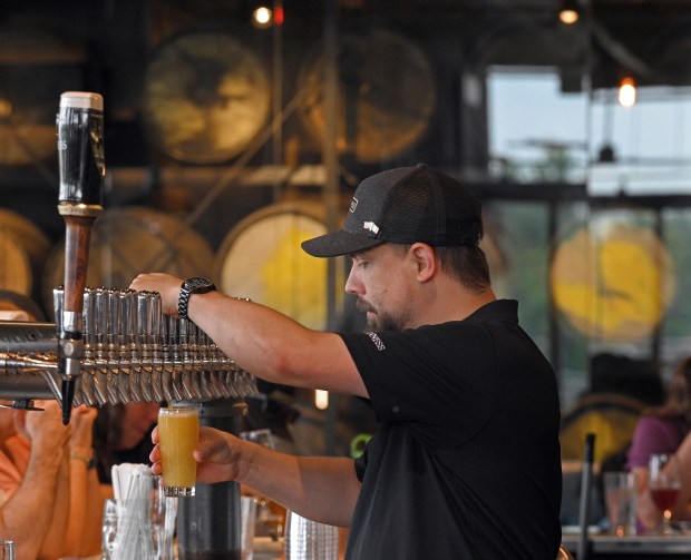 Guinness Open Gate Brewery bar tender pours one of the company's draft beer during Baltimore County's Arts & Drafts Summer Music and Arts festival. The free two-day event presented by the nonprofit Baltimore County Arts Guild (BCAG) features curated artist vendors, live music, fun activities for all ages and specialty food & beers from host sponsor, Guinness Open Gate Brewery. (Kenneth K. Lam/Staff)