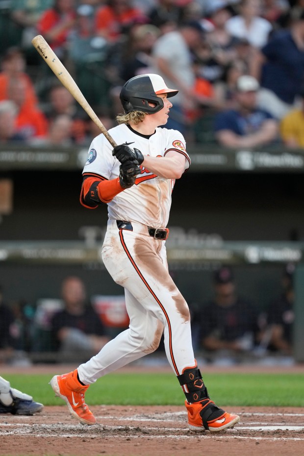 Heston Kjerstad #13 of the Baltimore Orioles singles in the...