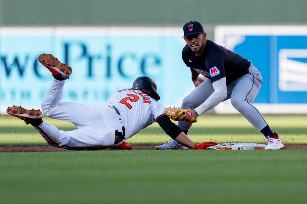 Baltimore Orioles' Gunnar Henderson (2) is safe at second in...