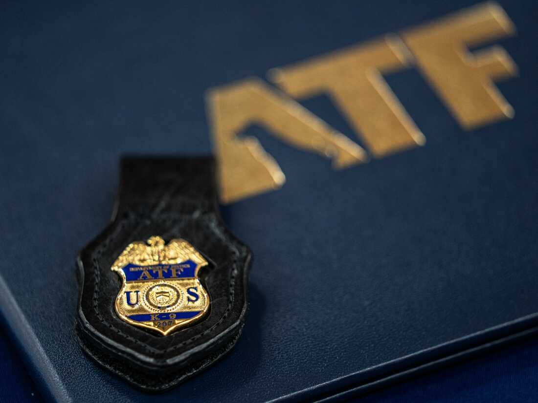 A badge worn by ATF K-9s is seen during a graduation ceremony for Bureau of Alcohol, Tobacco, Firearms and Explosives (ATF) Special Agent Canine Handlers and their dogs at the ATF training facility in Front Royal, Va., on Friday.