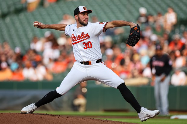 Grayson Rodriguez #30 of the Baltimore Orioles pitches against the...