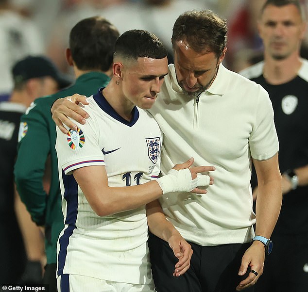 It was announced on Wednesday that Foden (left) had departed Gareth Southgate's (right) England squad 'for a pressing family matter'