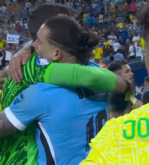 After coming out on top, Nunez could be seen consoling a devastated Alisson at full time