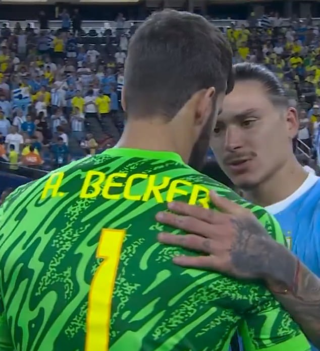 Darwin Nunez tried to his best to cheer up Alisson Becker after getting the better of his Liverpool teammate at the Copa America