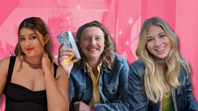 A composite of case studies Freya Ruth, Tom Jones and Louisa Carron on a pink background.