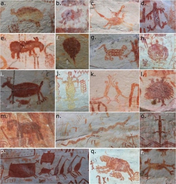 Examples of animals represented at Cerro Azul. a) armadillo, b) paca, c) coati, d) amphibian, e) tapir, f) stingray, g) feline, h) turtle, i) deer, j) crocodile/caiman, k) monkey, l) porcupine, m) horse, n) serpent with legs, o) lizard, p) deer, bat, spider, aquatic birds, q) sloth, r) canid.