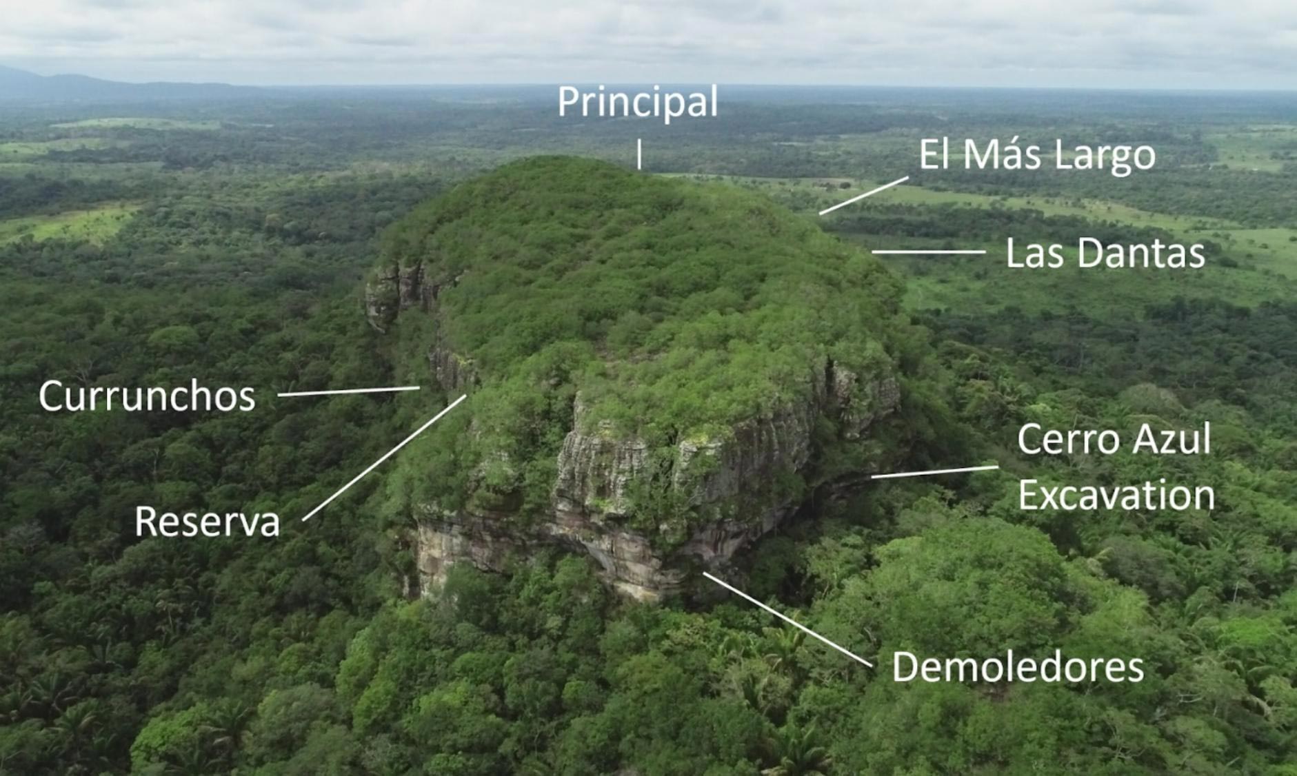 Cerro Azul with the location of the rock art panels and the excavation site analyzed in this study