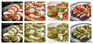 Images of pizza and caprese salad in full color or in simulated red-green colorblindness.