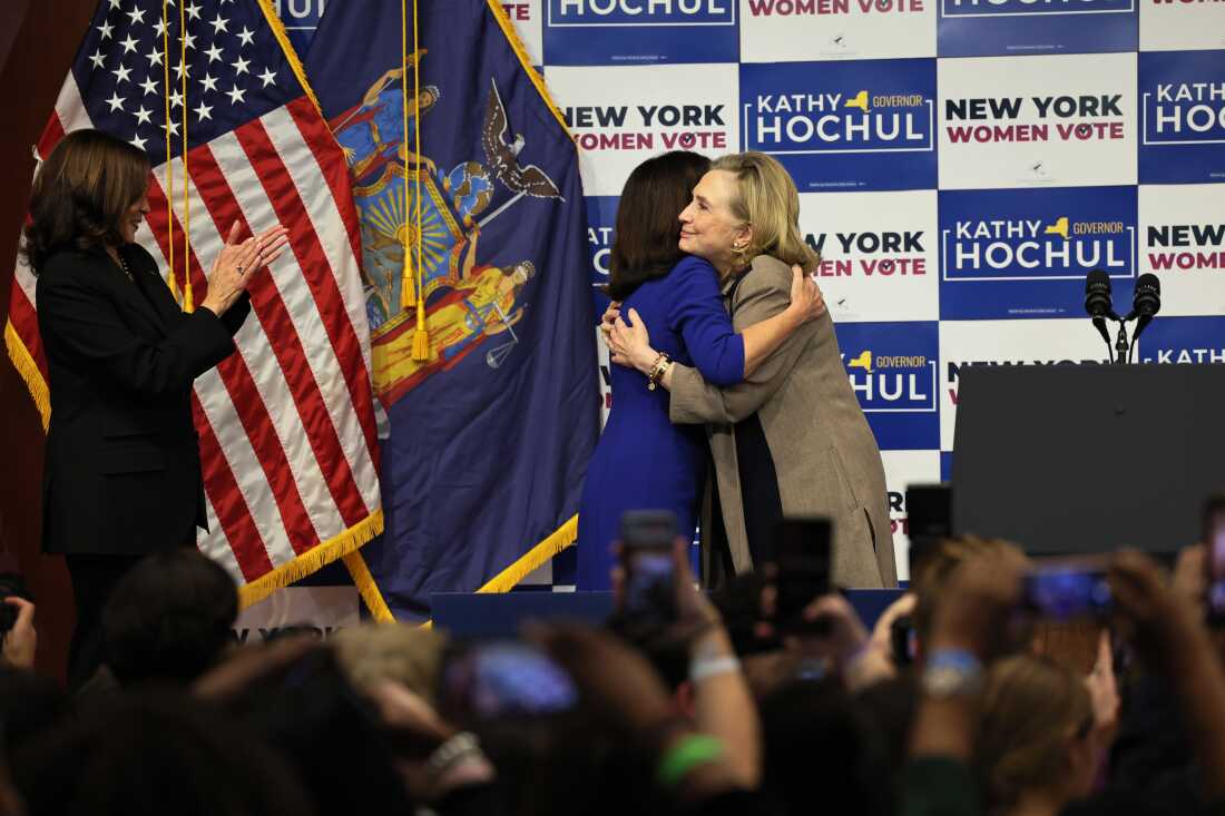 Vice President Harris and Hillary Clinton embrace at campaign event on Nov. 3, 2022 for New York Gov. Kathy Hochul and Attorney General Letitia James.