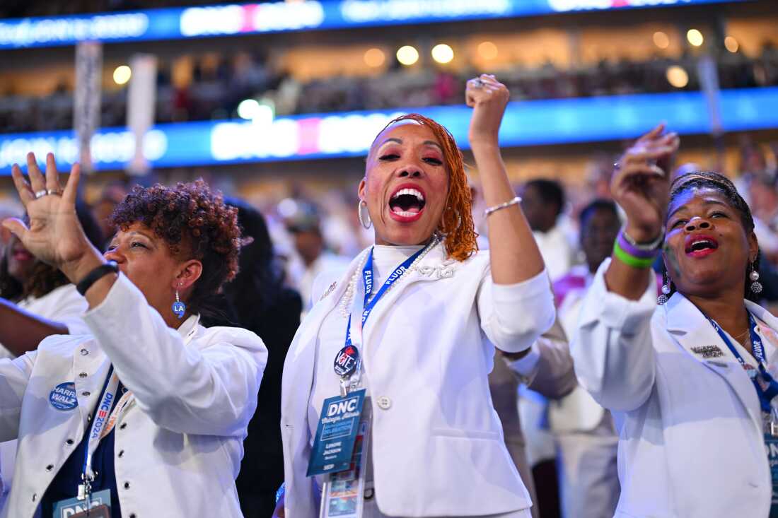 For Harris' acceptance speech at the Democratic National Convention on Aug. 22, 2024, many delegates wore white — a nod to the suffragist movement.