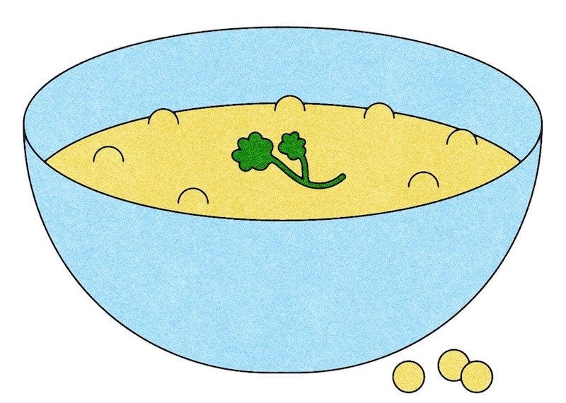 An illustration of chickpeas in a blue bowl with a green garnish of herbs on top.