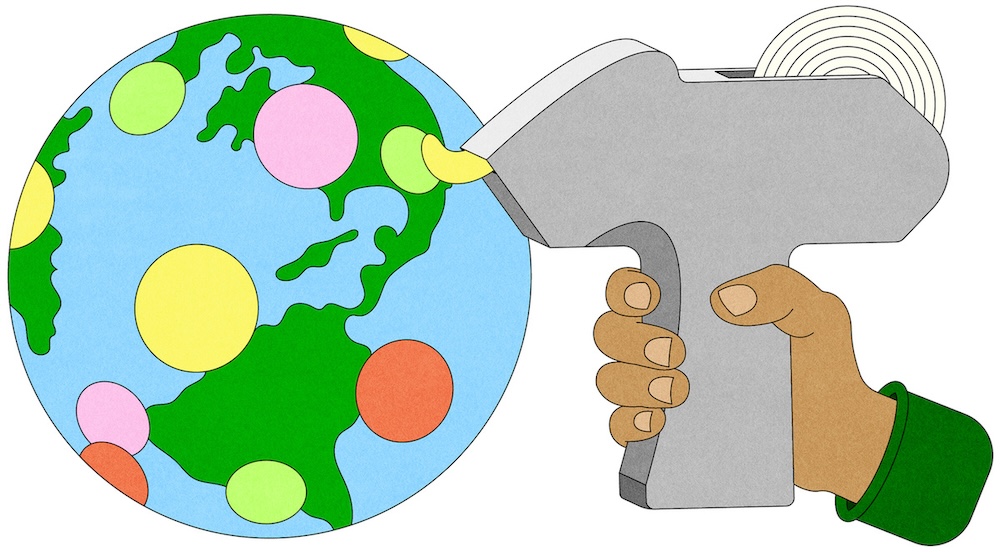 An illustration of a hand holding a grocery store pricing gun and placing price stickers around a blue and green globe.