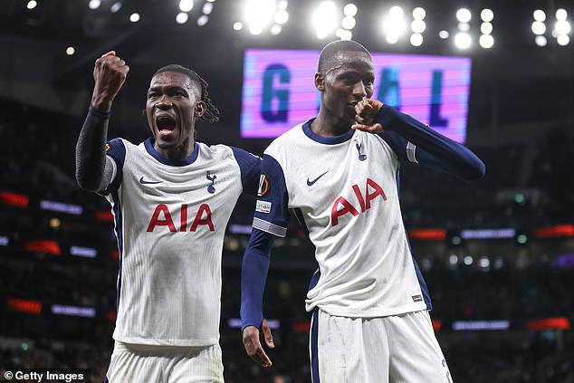 Pape Matar Sarr (right) scored Spurs' second, side-footing a volley in at the back post after a corner