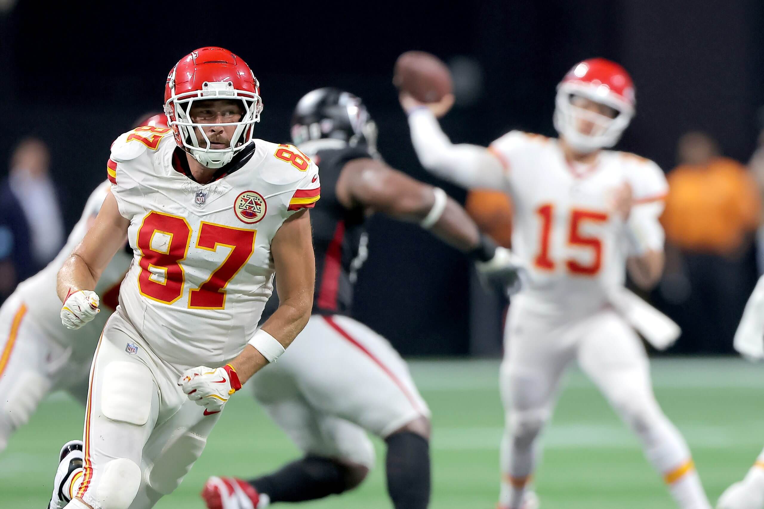 Kansas City Chiefs tight end Travis Kelce during the Sunday evening NFL game between the Atlanta Falcons and the Kansas City Chiefs on September 22, 2024 at the Mercedes-Benz Stadium in Atlanta, Georgia.