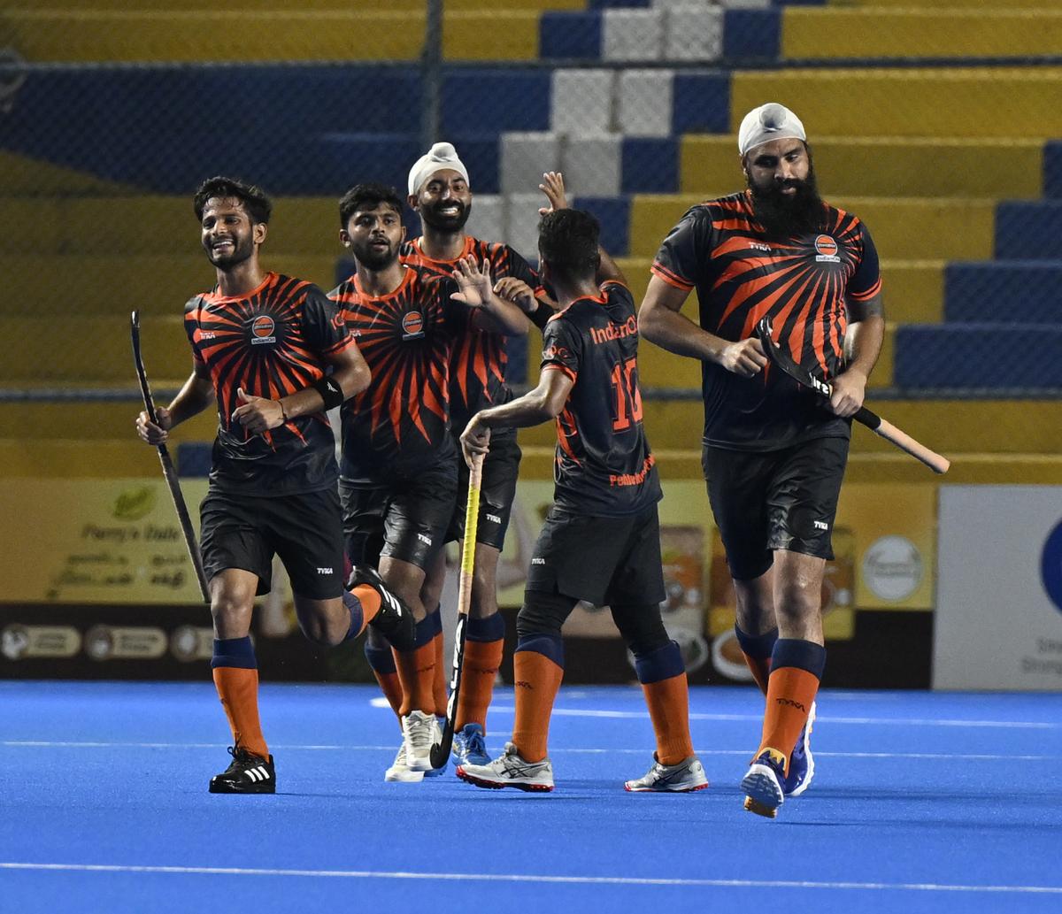 IOC players celebrate after beating Army during the 95th All India MCC Murugappa Gold Cup Hockey Tournament semifinals at the Mayor Radhakrishnan Stadium in Chennai on Saturday, September 28, 2024.