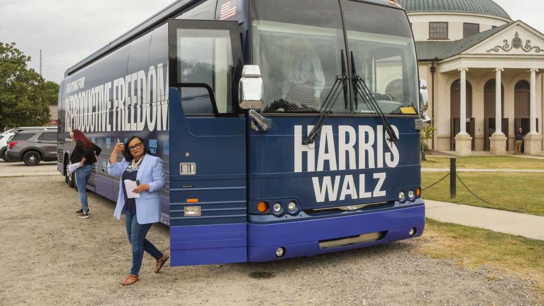 Georgia US House Representative Nikema Williams leaves the bus carrying her and other Harris surrogates on a reproductive rights tour of Georgia, at a stop in Macon.