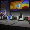 Republican presidential nominee and President Donald Trump speaks at a panel moderated by, from left, ABC's Rachel Scott, Semafor's Kadia Goba and Fox News' Harris Faulkner at the National Association of Black Journalists convention Wednesday in Chicago.