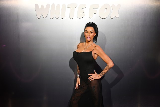 Katie Price posing for a photo underneath a sign that reads 'White Fox' at The Future Is White Fox Party