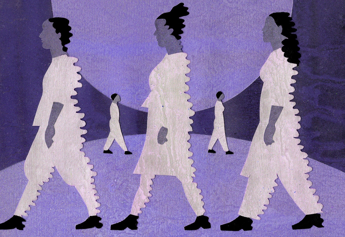 A collage illustration of people in white walking in a circle