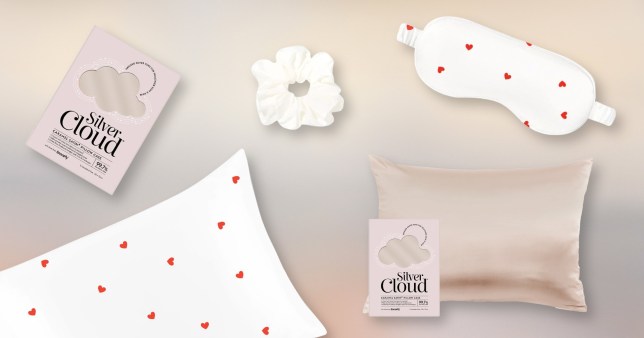 Silver Cloud sleep essentials including a pillow, scrunchie and sleep mask