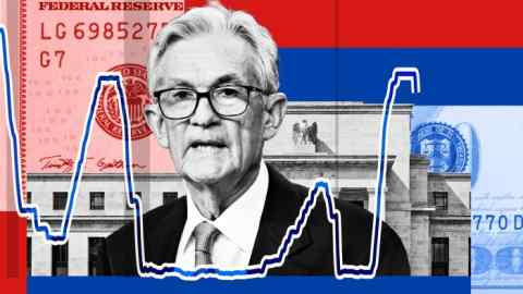 A montage of Jay Powell, a $100 bill, a line graph, blue and white stripes and the Federal Reserve building