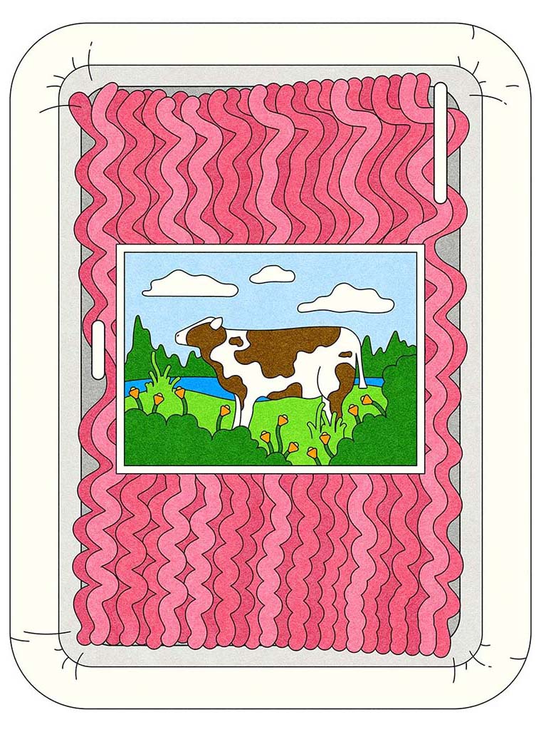 An illustration of a package of ground beef. The package has a label depicting a cow in a green pasture, and a yellow sticker that reads .34.