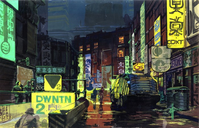 A painted sketch of a neon-lit city at night for a film 