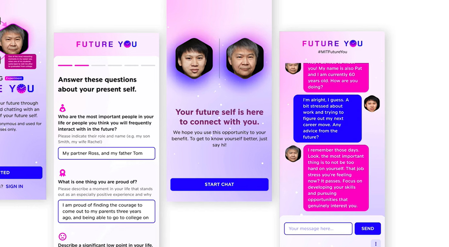 Screenshots of the app, Future You.