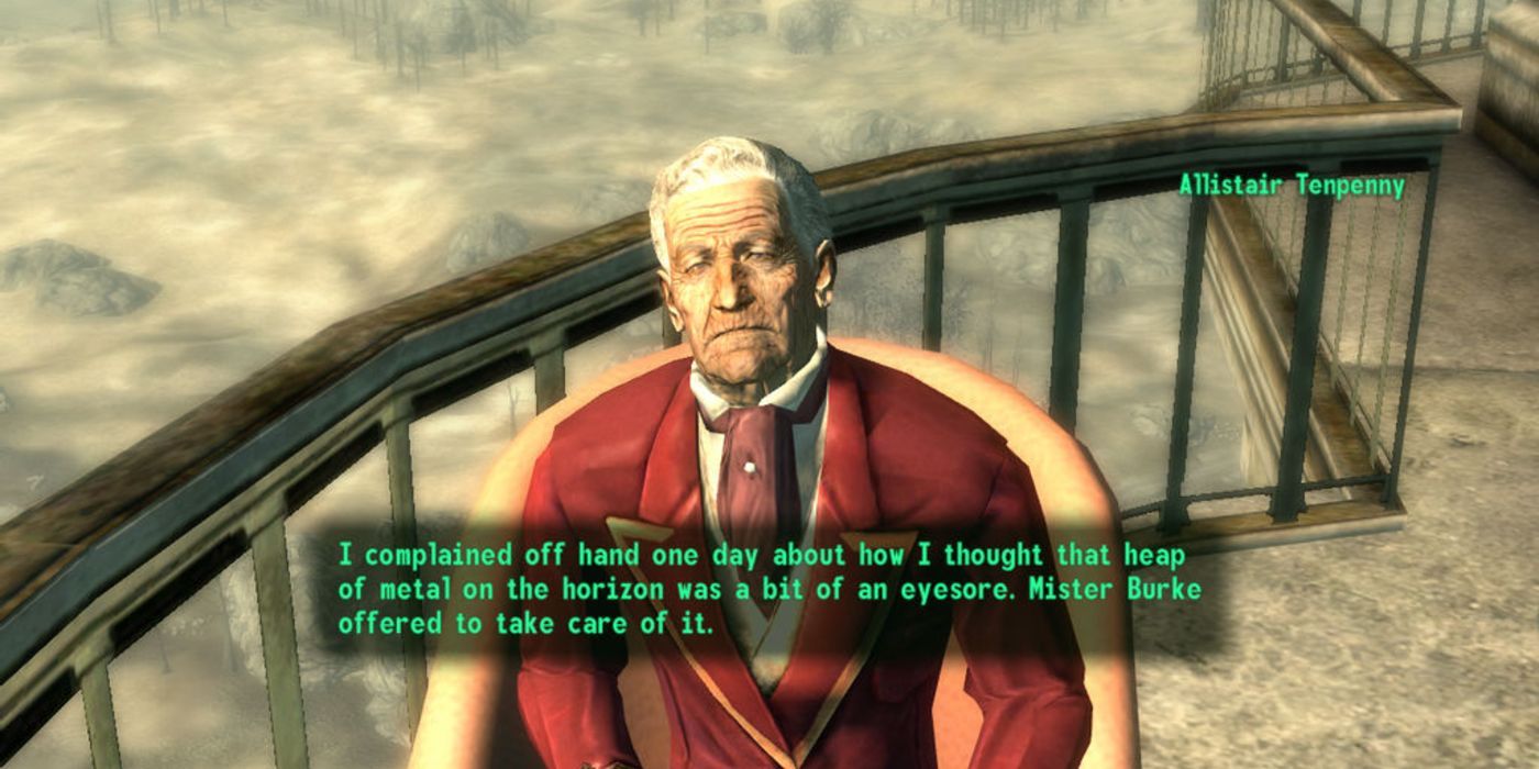 Allistair Tenpenyy referring to Megaton as a "heap of metal" in Fallout 3.