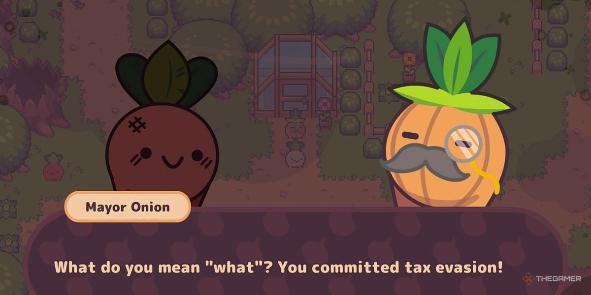 Mayor Onion discusses tax evasion in Turnip Boy Commits Tax Evasion.