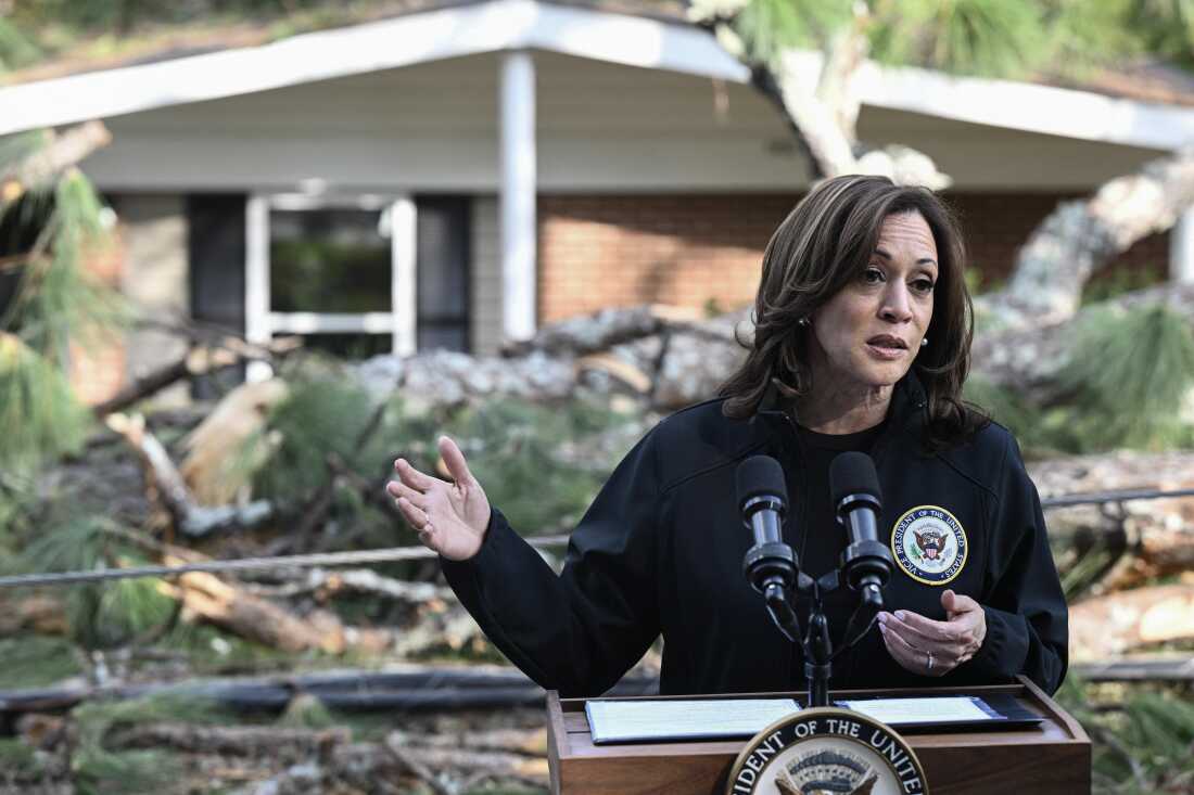 Vice President Harris speaks about damage caused by Hurricane Helene in Augusta, Ga., on Oct. 2, 2024.