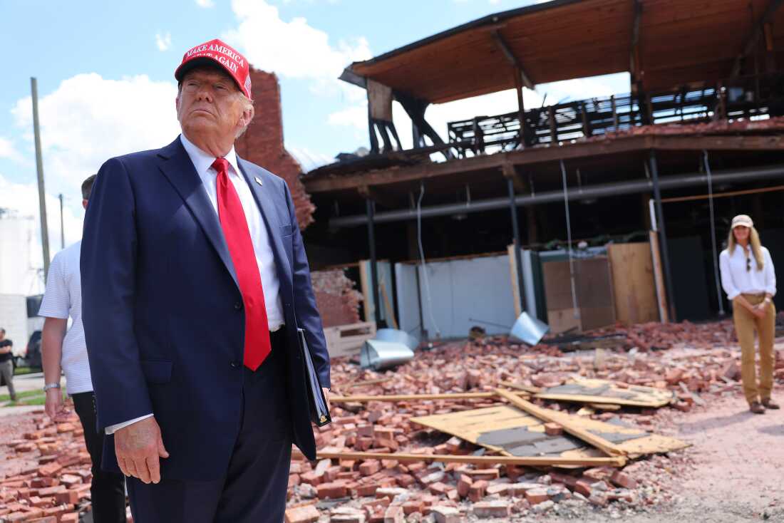 Former President Donald Trump visitsa furniture store damaged during Hurricane Helene in Valdosta, Ga., on Sept. 30.