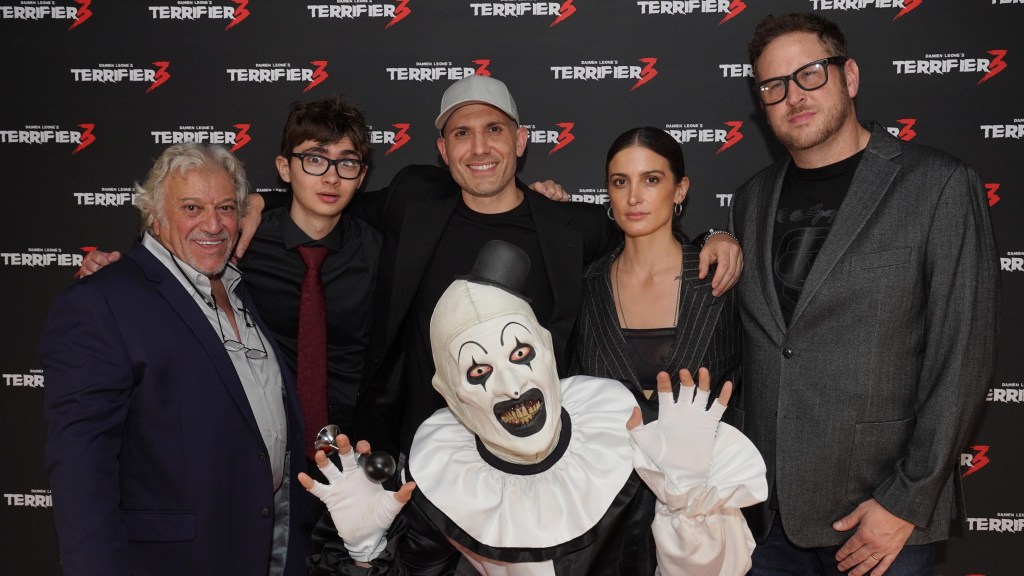 (Left ro right) Phil Falcone, Elliott Fullam, Damien Leone, Samantha Scaffidi and George Steuber arriving for the UK gala screening of Terrifier 3, at Vue West End in London. Picture date: Wednesday October 2, 2024. (Photo by Jonathan Brady/PA Images via Getty Images)