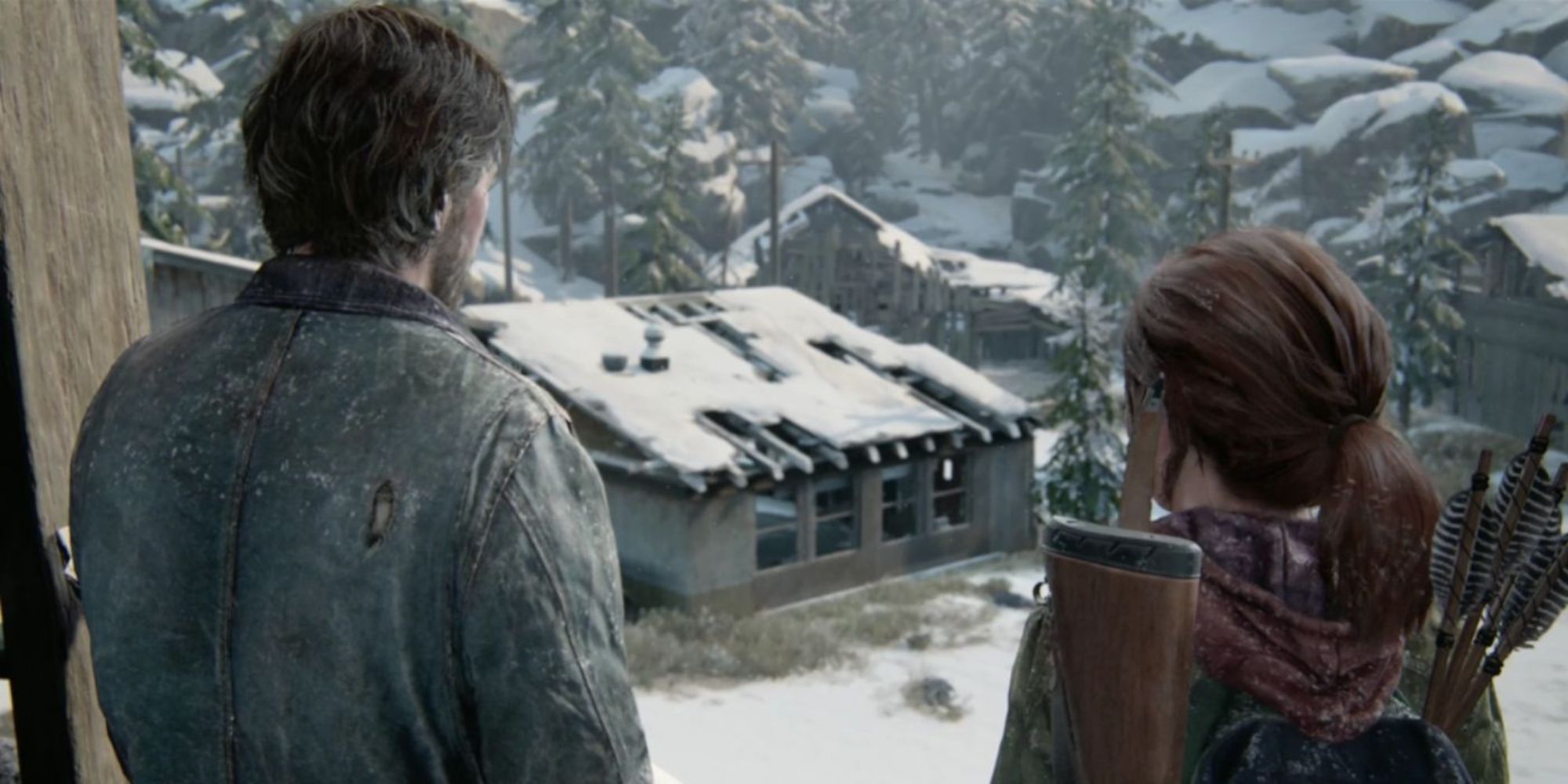 The Last of Us Part 1, Ellie and David looking at a building in the snow