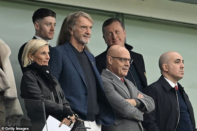 Ratcliffe and CEO Omar Berrada (right) watched the 0-0 draw with Aston Villa from the stands