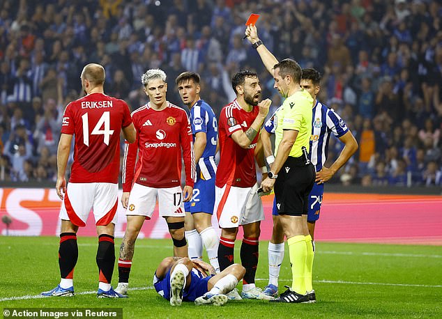 In his last European outing for Man United Fernandes was sent off against Porto last week