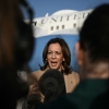 Vice President Harris takes questions from reporters at Joint Base Andrews in Maryland on Oct.12, 2024.