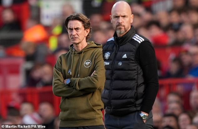 Frank has been tipped as a potential candidate to replace current United boss Erik ten Hag (right)