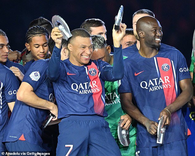 Mbappe (centre) spent six years at PSG, making 308 appearances across all competitions