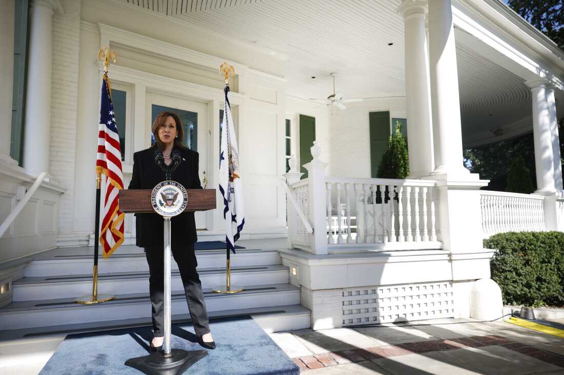 Vice President Kamala Harris delivers remarks before departing the vice president’s residence on in Washington, D.C., on Wednesday. Harris spoke on former White House Chief of Staff John Kelly's recent comments about former President Donald Trump, including that he fits “into the general definition of fascist.