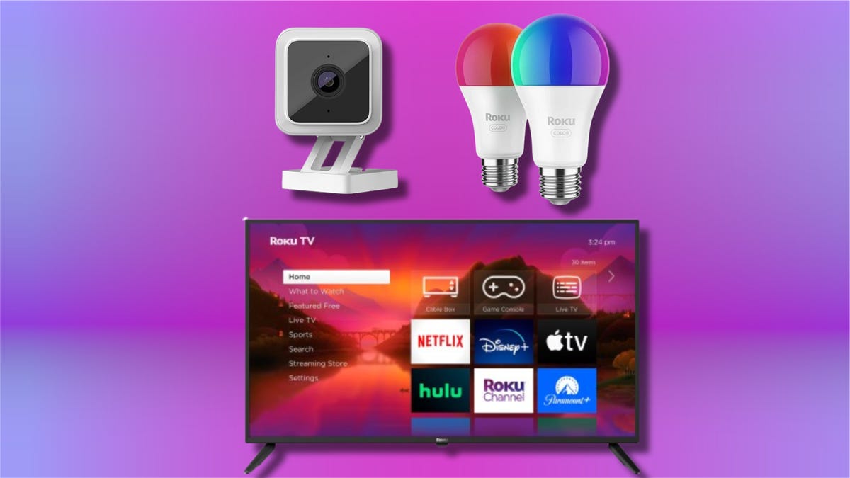 Roku indoor security camera, smart light bulb and TV on purple background